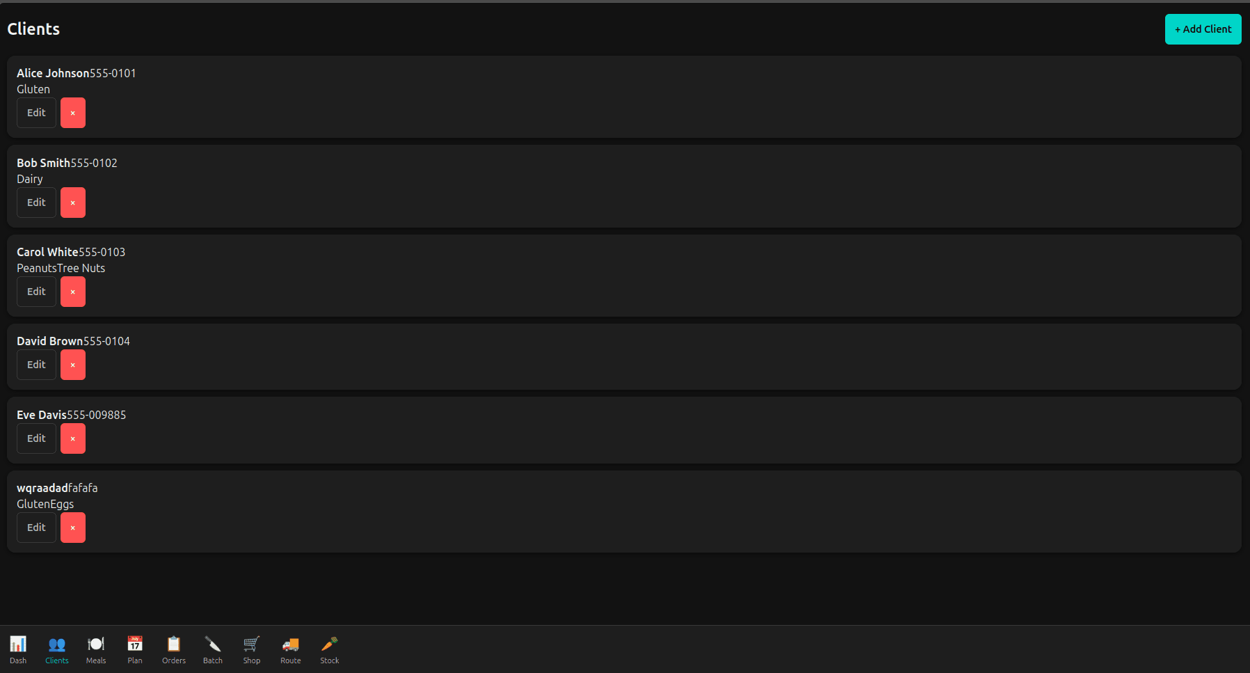 Client list with PIN login and allergen profiles