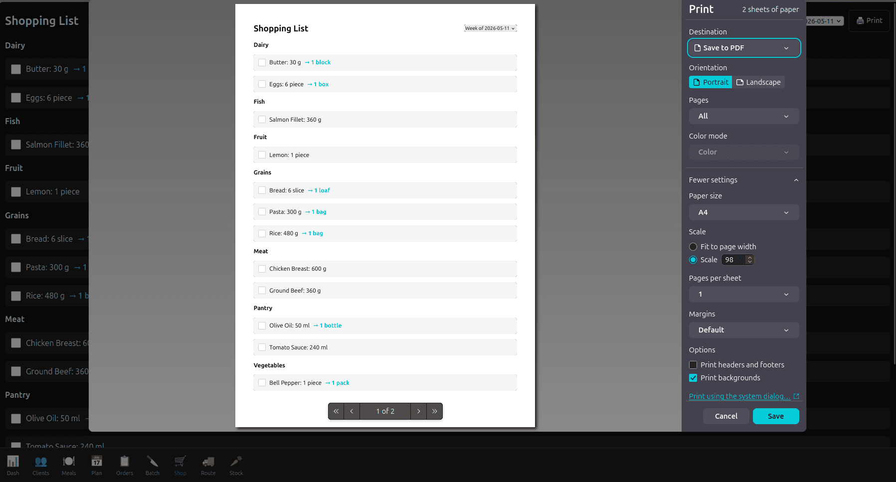 Aggregated shopping list grouped by category